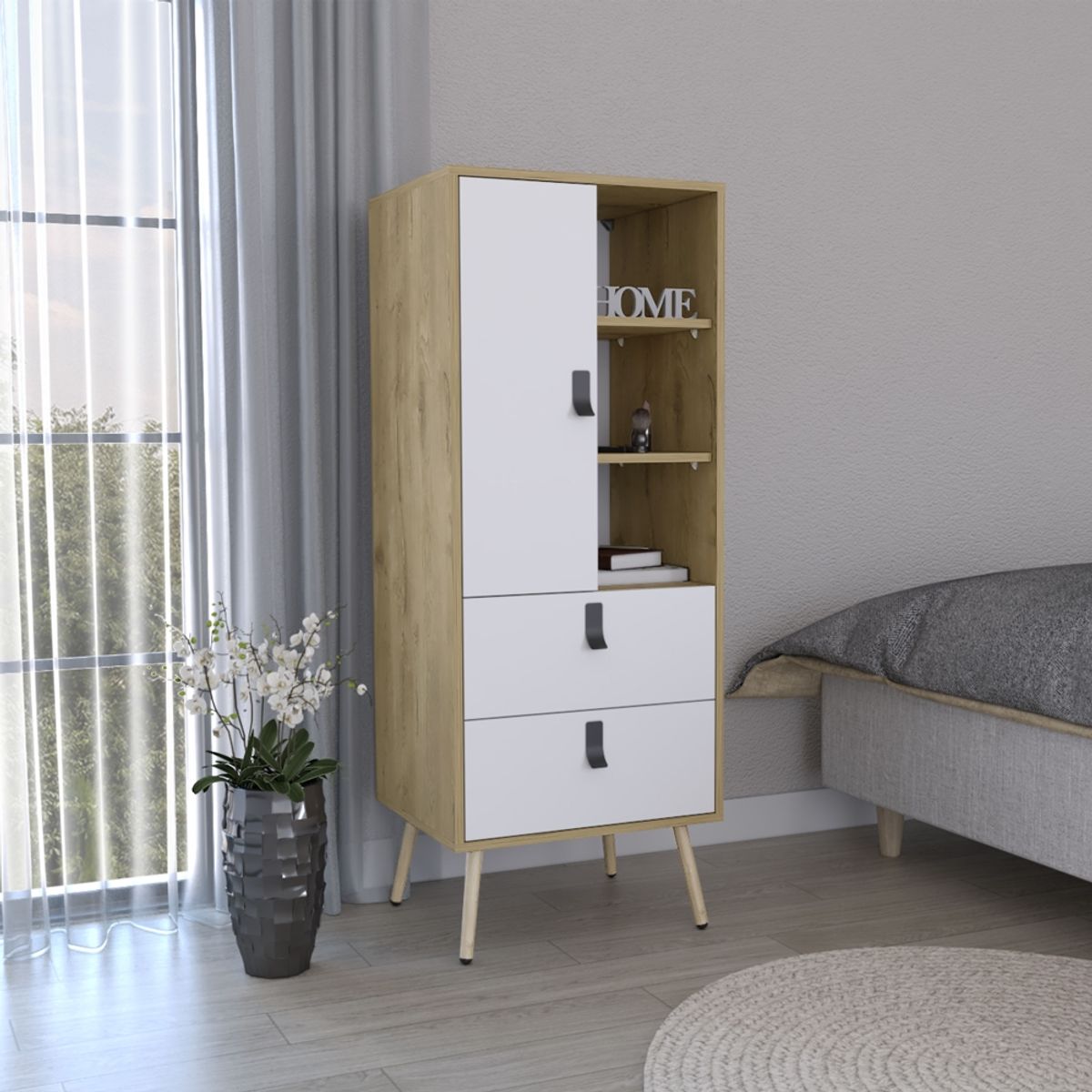 FMFURNITURE - Comoda Alta 2 Cajones 1 Puerta - Café Claro y Blanco 132x51x42.2 cm…