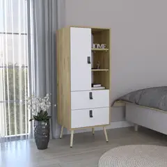 FMFURNITURE - Comoda Alta 2 Cajones 1 Puerta - Café Claro y Blanco 132x51x42.2 cm