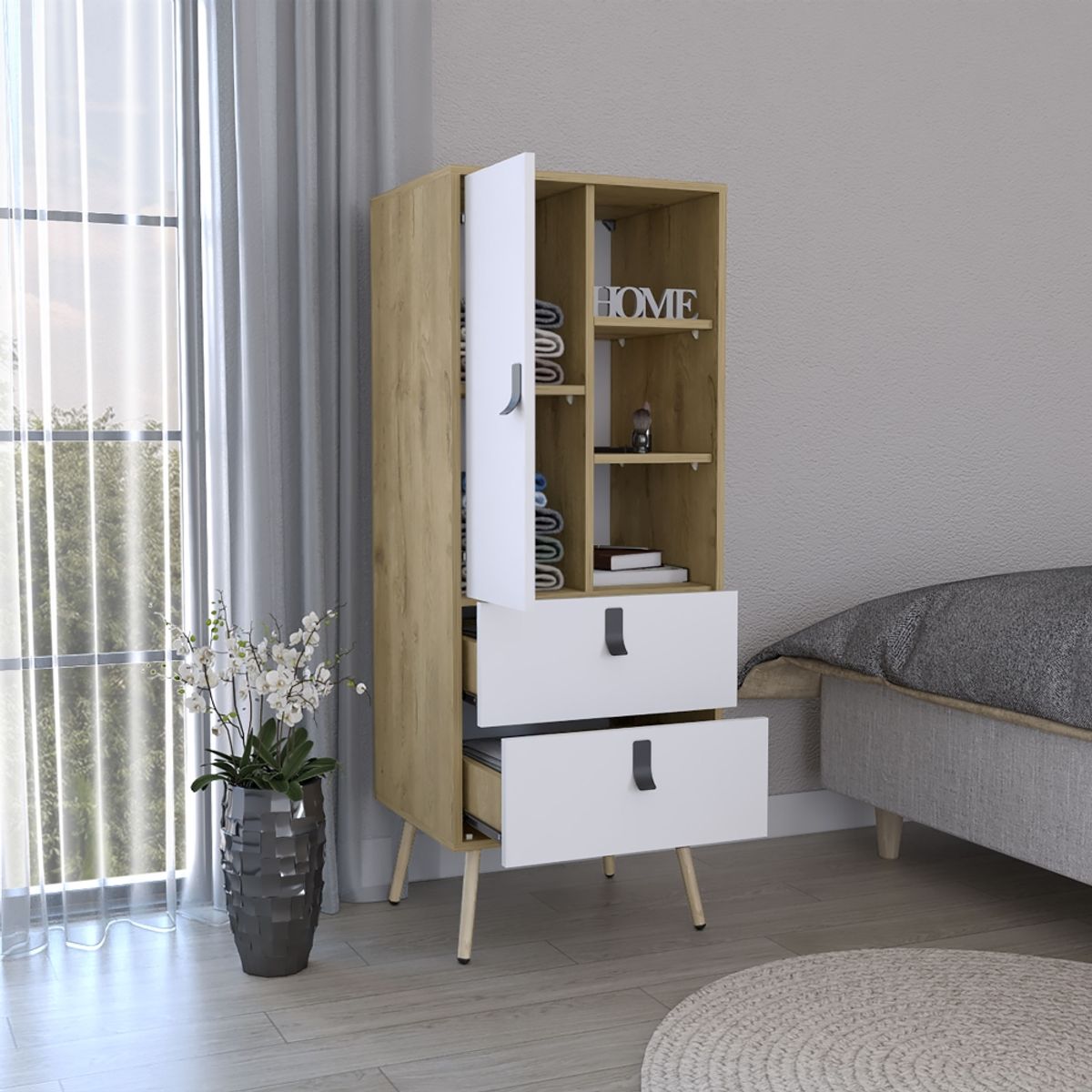 FMFURNITURE - Comoda Alta 2 Cajones 1 Puerta - Café Claro y Blanco 132x51x42.2 cm…