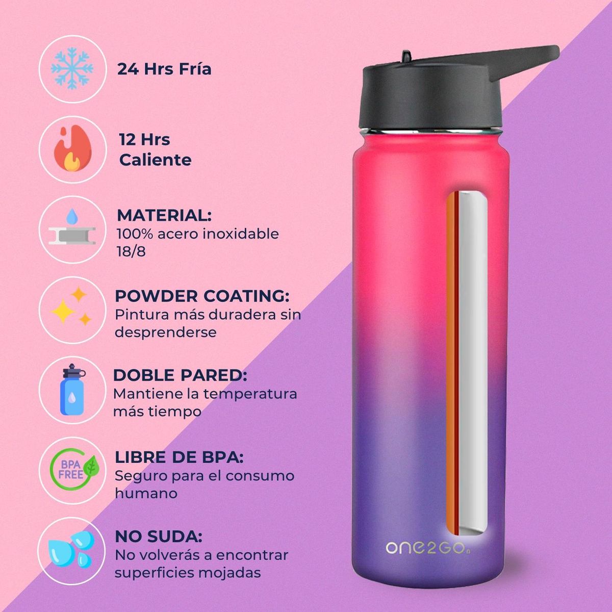 ONE2GO - Botella Termica Agua Acero Inox500ml - Fucsia
