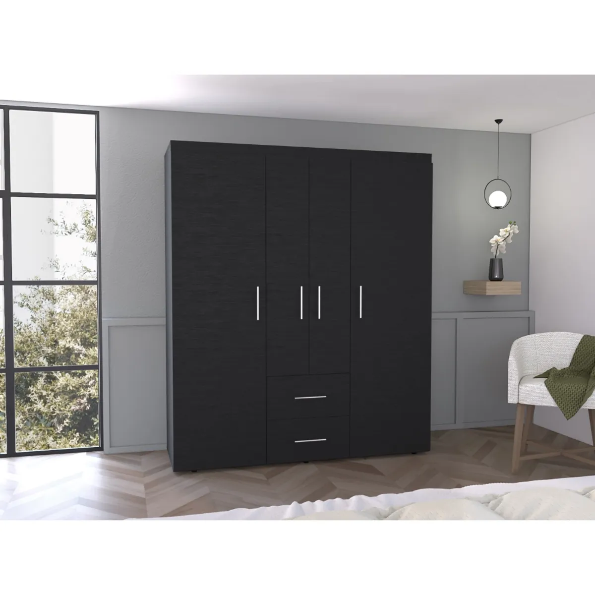FMFURNITURE - Closet 4 Puertas 2 Cajones - Negro 177.9x150.3x50.4 cm