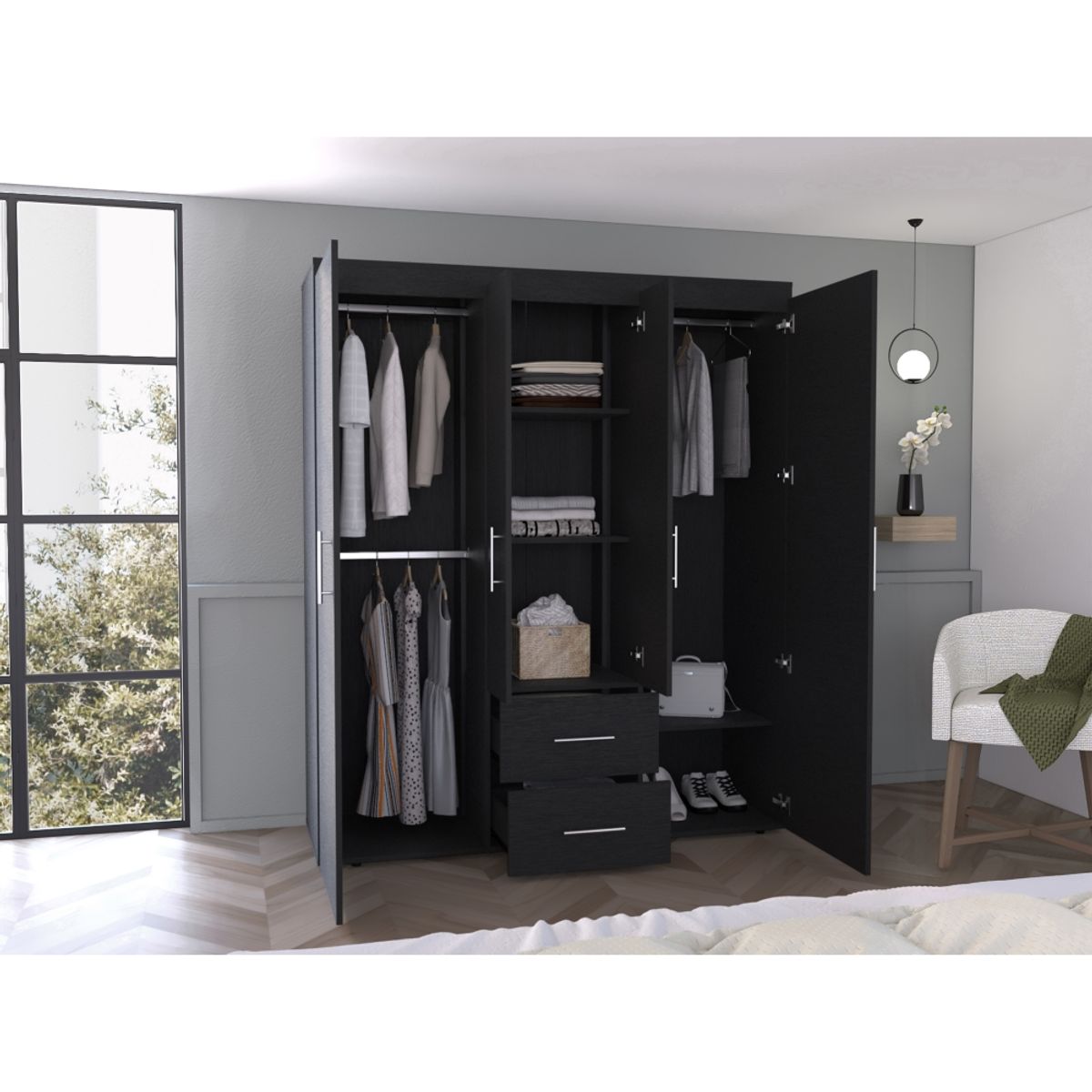 FMFURNITURE - Closet 4 Puertas 2 Cajones - Negro 177.9x150.3x50.4 cm
