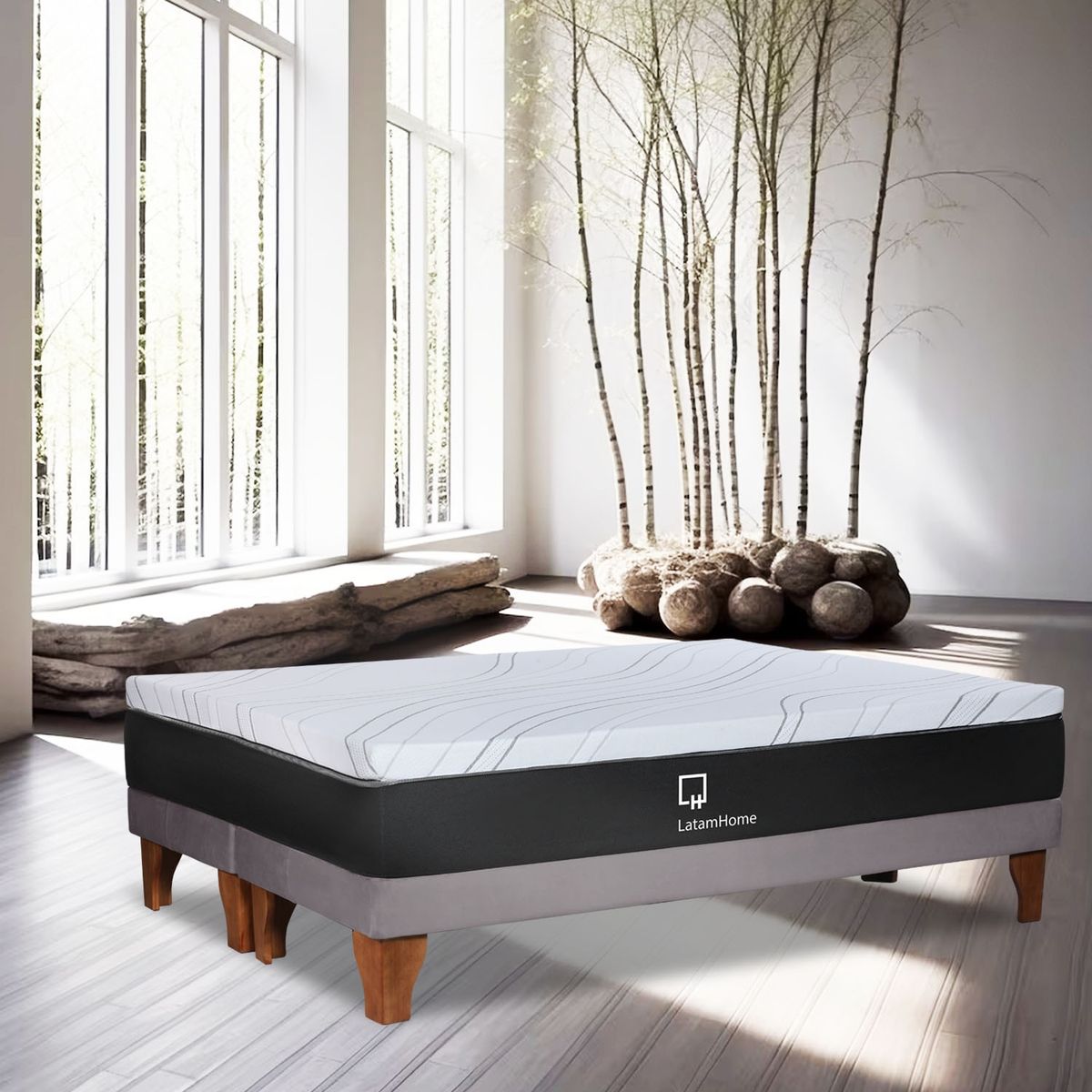 LATAM HOME - CAMA ZEN TOP FOAM HYBRID TELA GRIS KING