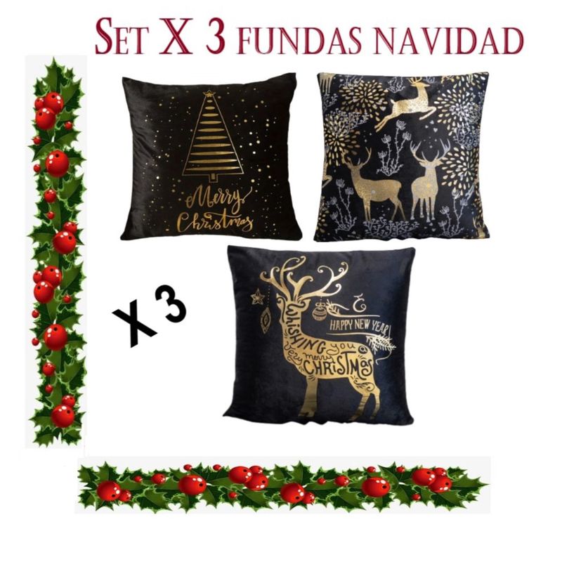 COMPRAPO - Set X 3 Fundas Cojín Navidad Negro Dorado Mod 45x45 Cm.