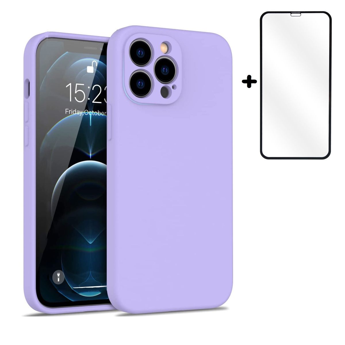 GENERICO - Carcasa Silicona Para iPhone 12 Pro Lila y Lamina Completa