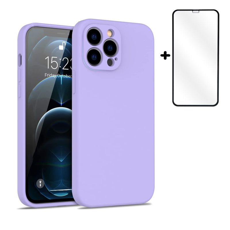 GENERICO - Carcasa Silicona Para iPhone 12 Pro Lila y Lamina Completa
