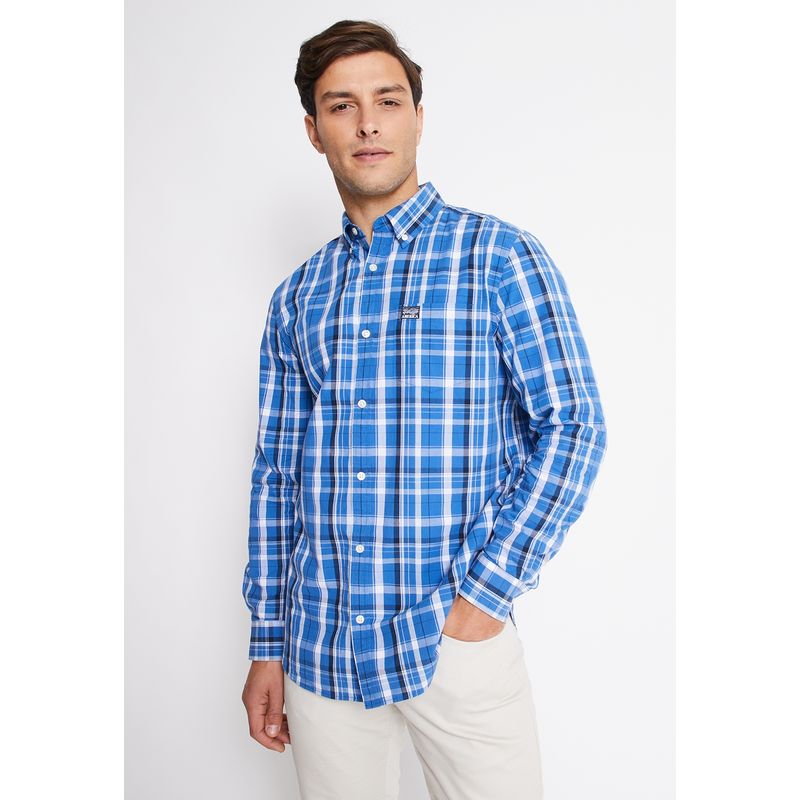 PERRY ELLIS - Camisa Hombre Manga Larga Button Down Cuadros Azulino