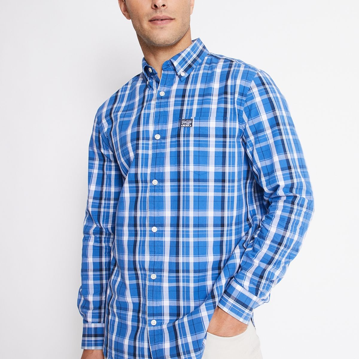 PERRY ELLIS - Camisa Hombre Manga Larga Button Down Cuadros Azulino