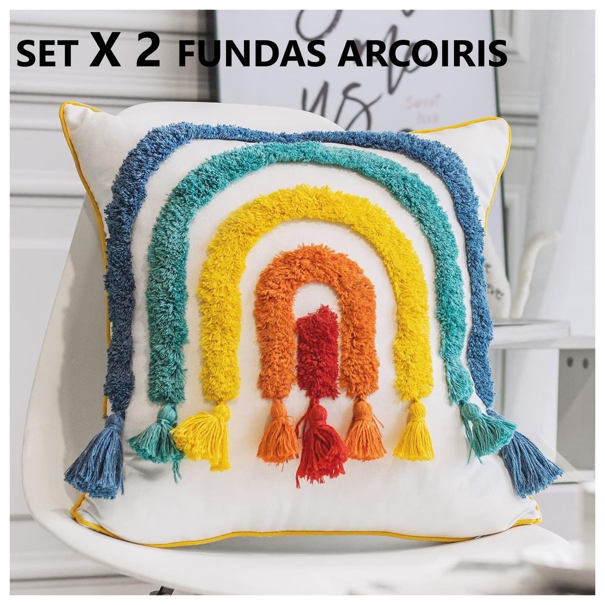 COMPRAPO - Set X 2 Fundas para Cojín Arcoiris Boho Premium  45x45 cm