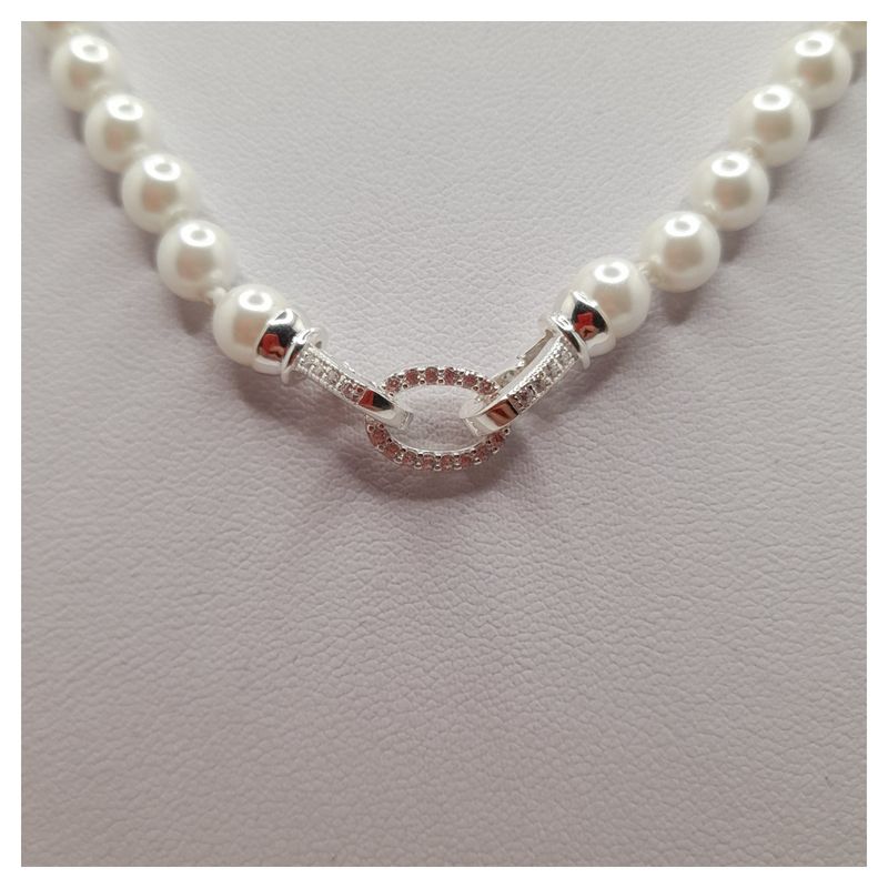 CAT JOYAS - Collar de perlas shell broche de plata fina 925 con circones