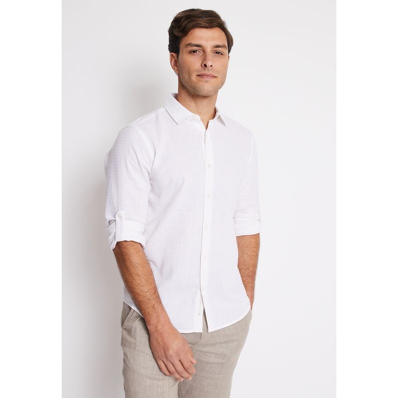 PERRY ELLIS - Camisa Hombre Manga Larga Lino Texturada Blanco