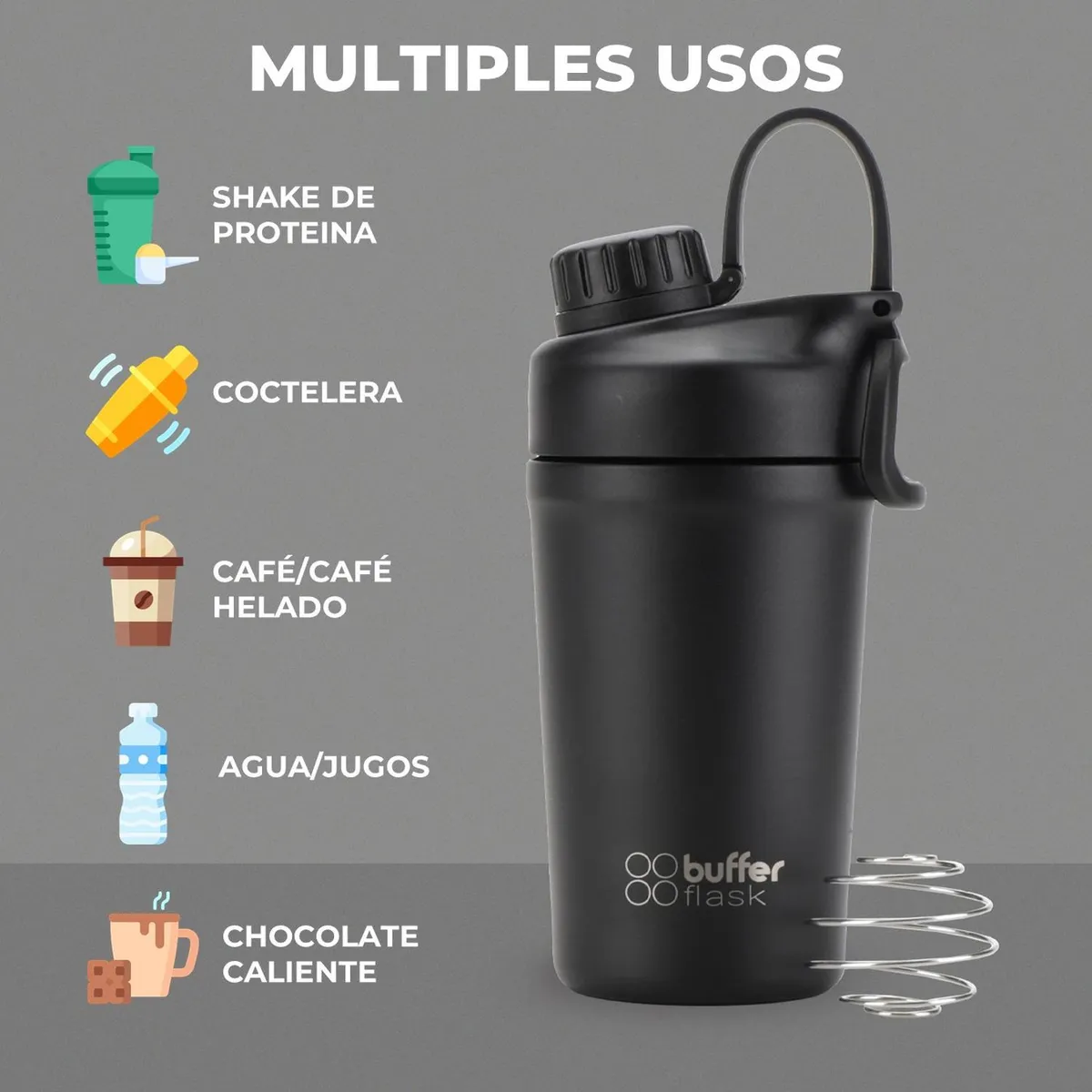 BUFFER FLASK - Shaker Proteina Agua Buffer Gym Acero Inoxidable 600ml Mixer