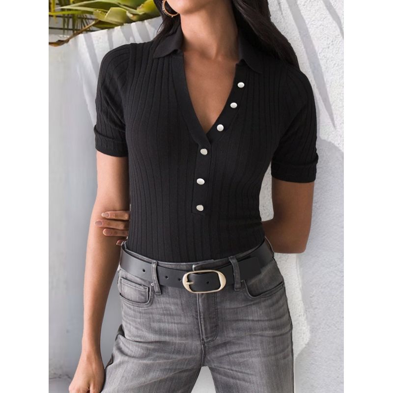 MOSS ROSE - Jersey polo slim de manga corta abotonado para mujer