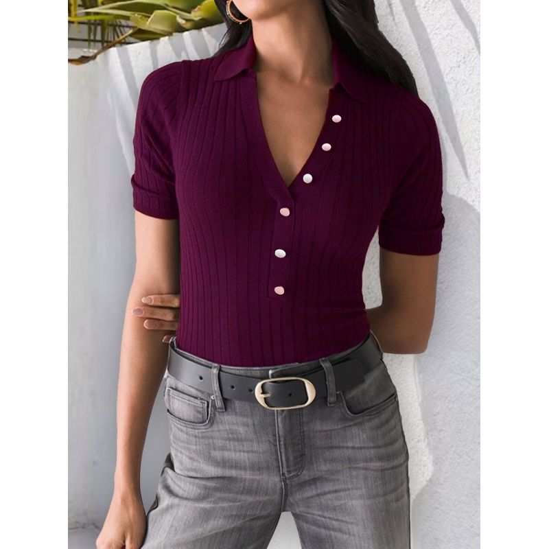 MOSS ROSE - Jersey polo slim de manga corta abotonado para mujer