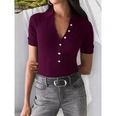 MOSS ROSE - Jersey polo slim de manga corta abotonado para mujer