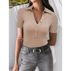 MOSS ROSE - Jersey polo slim de manga corta abotonado para mujer