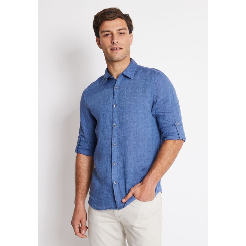 PERRY ELLIS - Camisa Lino Lisa Azul