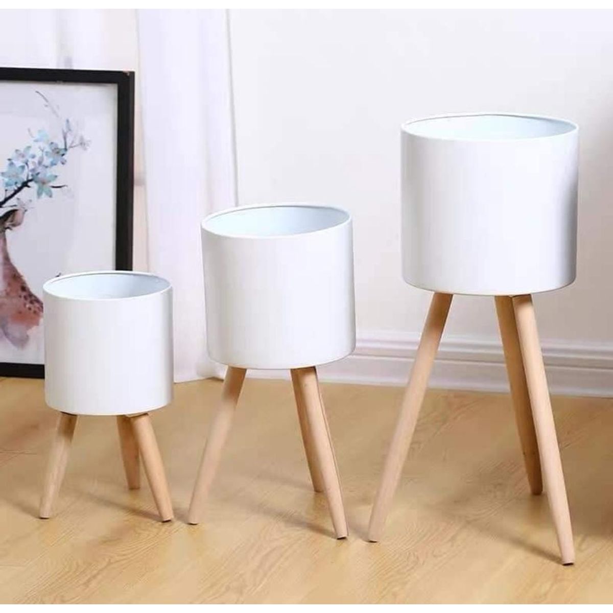 GENERICO - Macetero Metálico blanco con patas de madera