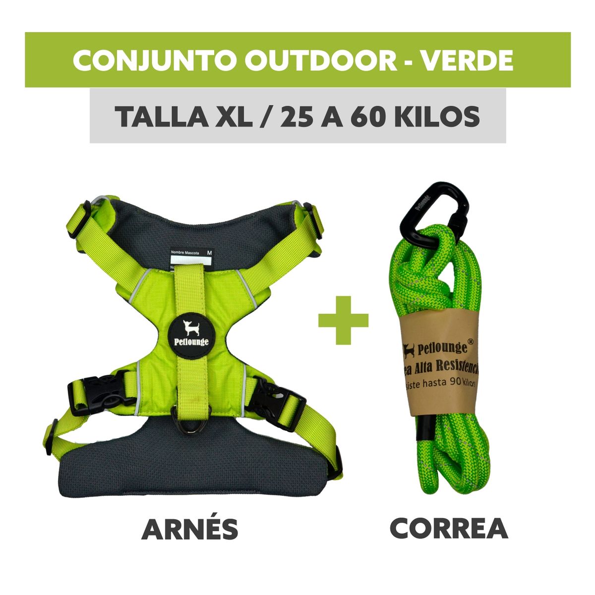 PETLOUNGE - Conjunto Arnés y Correa Outdoor - Verde - Talla XL - Perro.