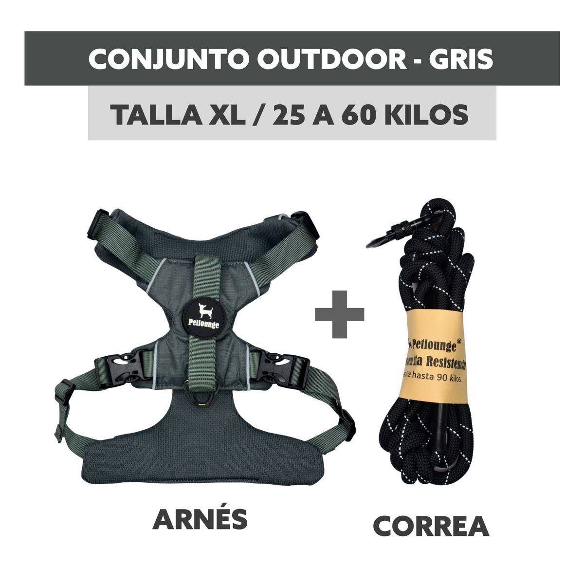 PETLOUNGE - Conjunto Arnés y Correa Outdoor - Gris - Talla XL - Perro