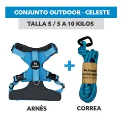 PETLOUNGE - Conjunto Arnés y Correa Outdoor - Celeste - Talla S - Perro