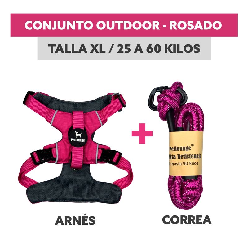 PETLOUNGE - Conjunto Arnés y Correa Outdoor - Rosado - Talla XL - Perro