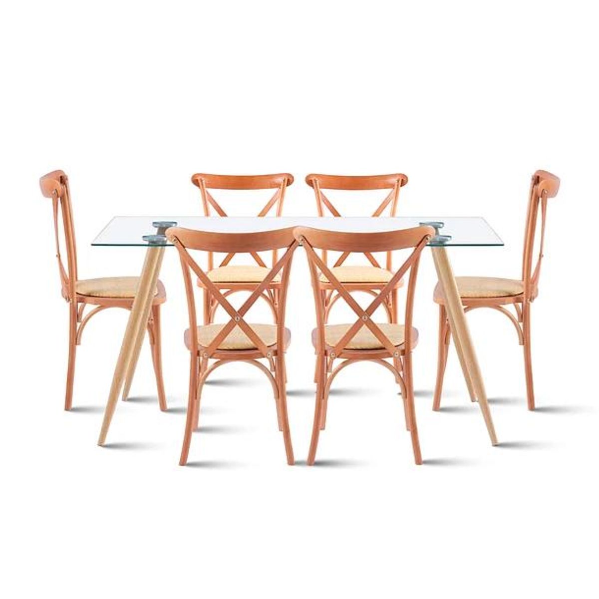 KLIK - Comedor Mesa de Vidrio Rectangular 120x80 + 6 Silla Crossback Madera KLIK