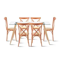 KLIK - Comedor Mesa de Vidrio Rectangular 120x80 + 6 Silla Crossback Madera