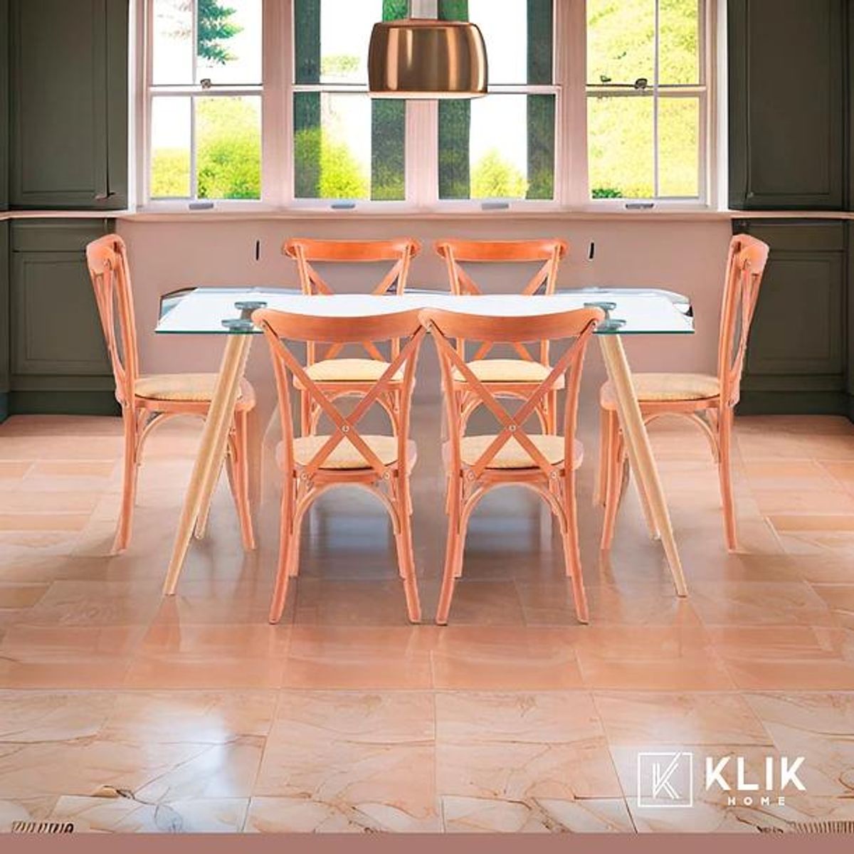 KLIK - Comedor Mesa de Vidrio Rectangular 120x80 + 6 Silla Crossback Madera KLIK