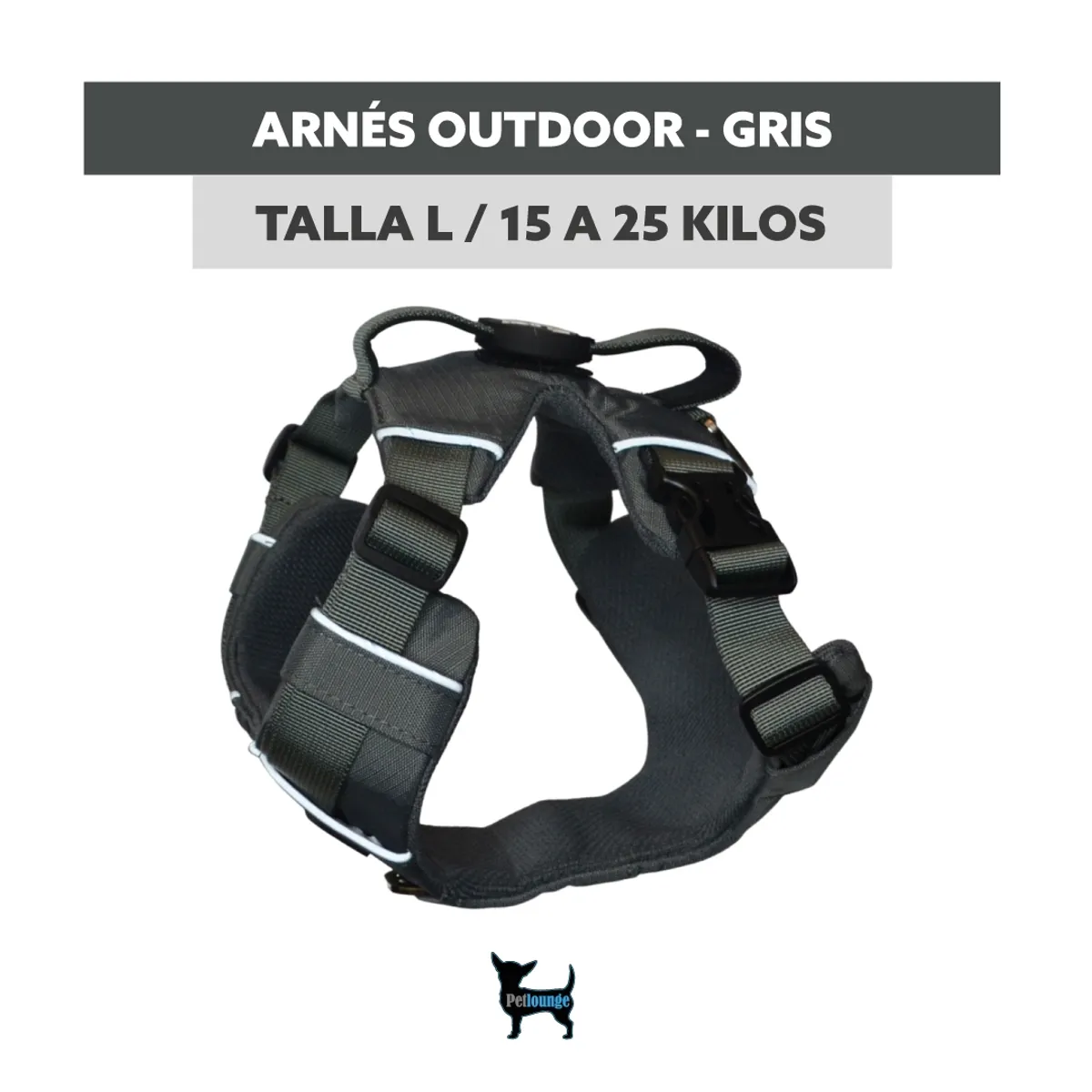PETLOUNGE - Arnés Outdoor Ajustable - Gris - Talla L - Paseo Perro