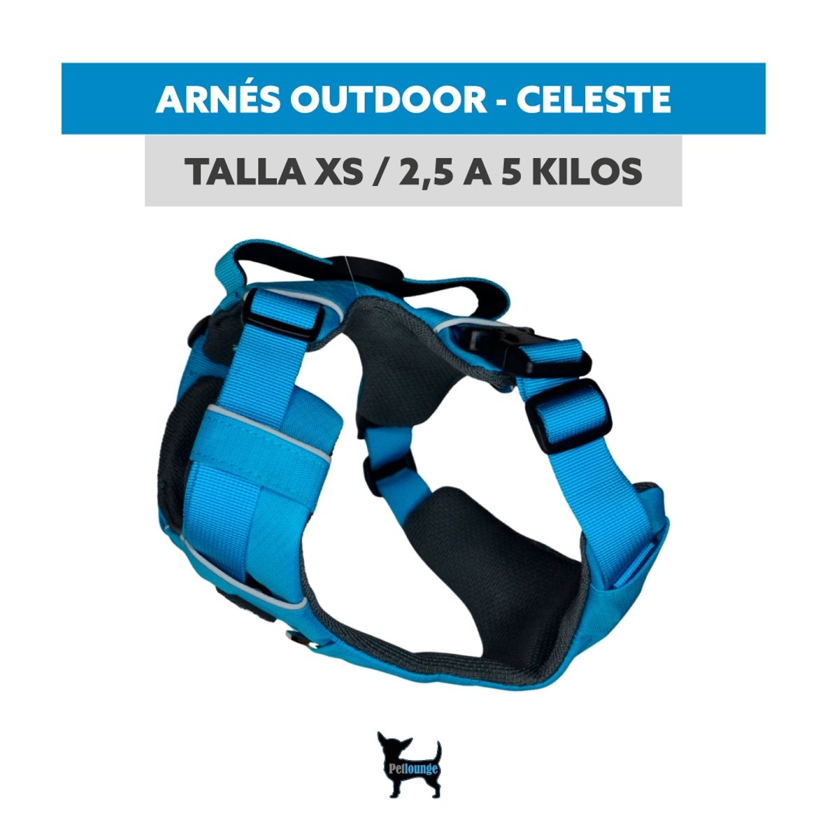 PETLOUNGE - Arnés Outdoor Ajustable - Celeste - Talla XS - Paseo Perro