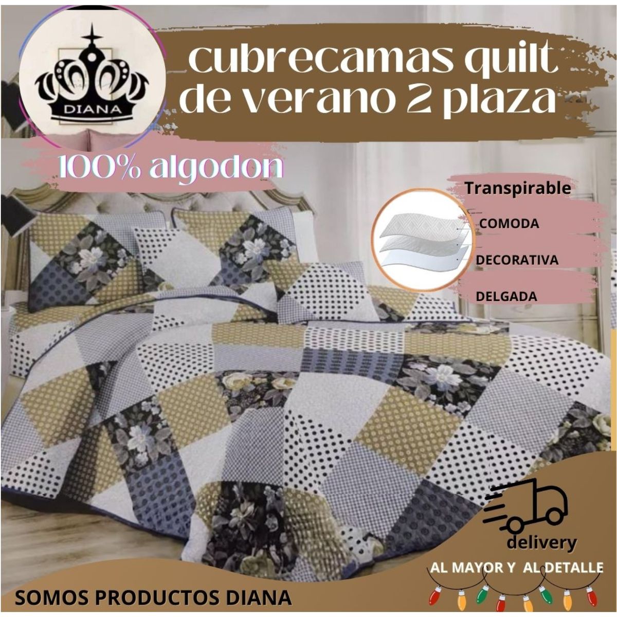 GENERICO - CUBRECAMA 2 PLAZA DELGADO QUILT DE VERANO MULTICOLOR DISEÑO RETAZOS
