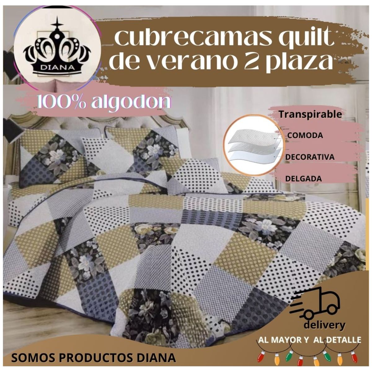 GENERICO - CUBRECAMA 2 PLAZA DELGADO QUILT DE VERANO MULTICOLOR DISEÑO RETAZOS