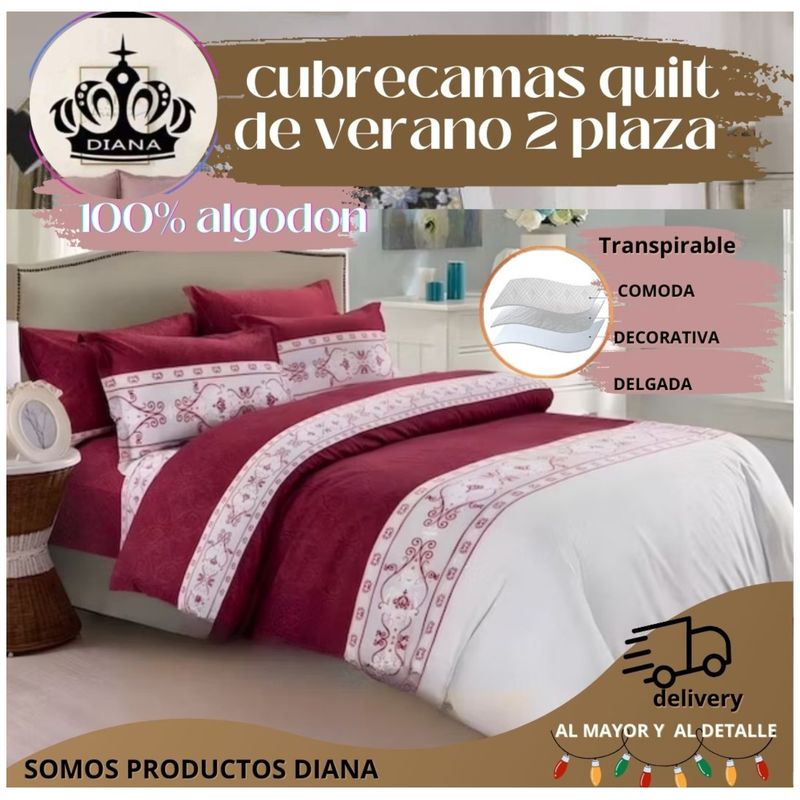 GENERICO - CUBRECAMA 1 PLAZA Y MEDIA DELGADO QUILT VERANO BURDEO FRANJAS BLANCAS