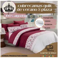 GENERICO - CUBRECAMA 1 PLAZA Y MEDIA DELGADO QUILT VERANO BURDEO FRANJAS BLANCAS