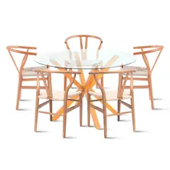 KLIK - Comedor Mesa redonda de vidrio Cross 120cm + 5 Sillas Wishbone Madera