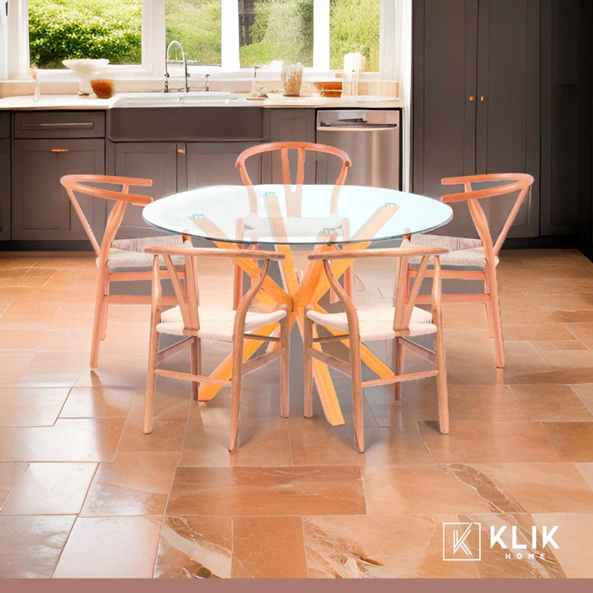 KLIK - Comedor Mesa redonda de vidrio Cross 120cm + 5 Sillas Wishbone Madera