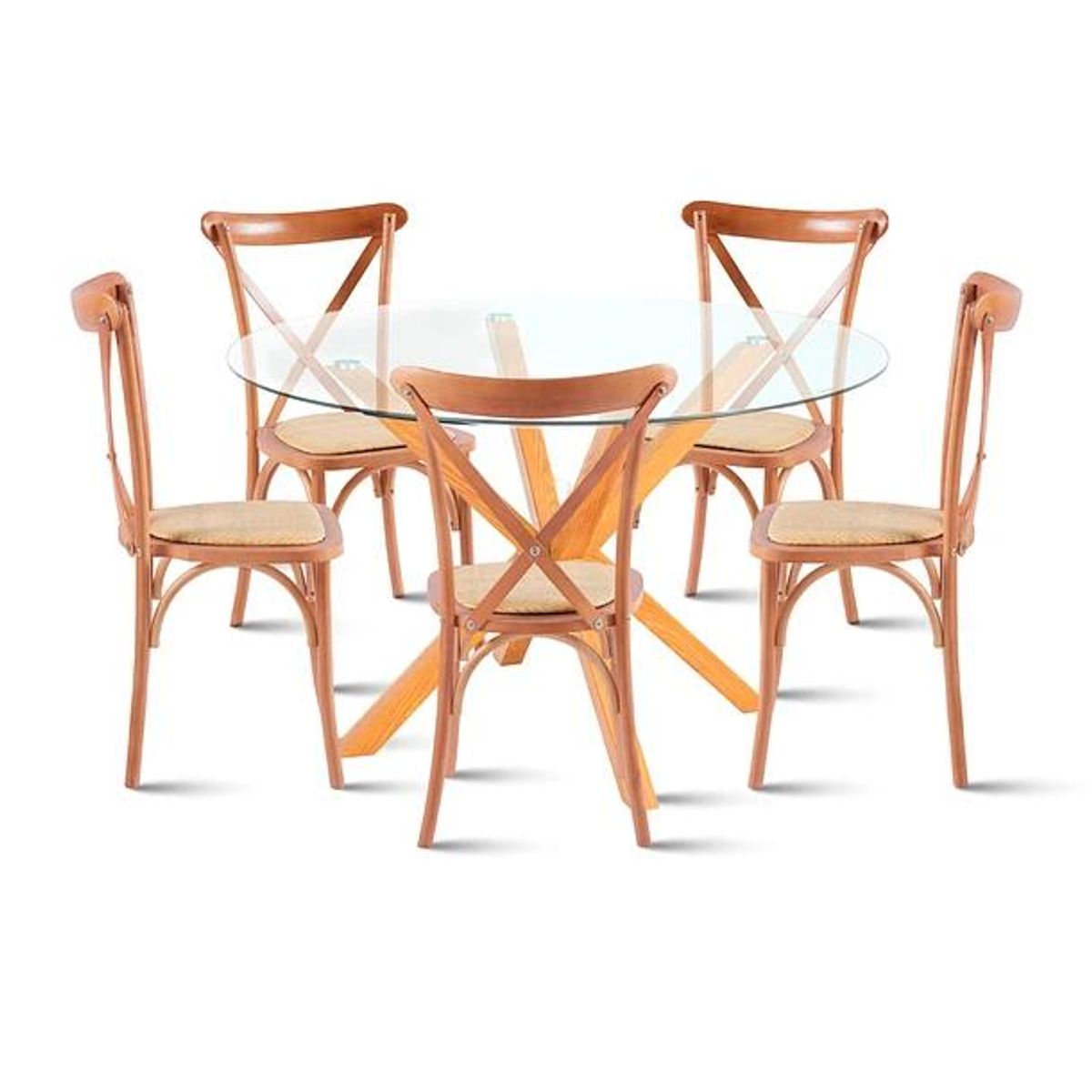 KLIK - Comedor redonda de vidrio Cross 120cm + 5 Sillas Crossback Madera KLIK