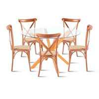 Comedor redonda de vidrio Cross 120cm + 5 Sillas Crossback Madera