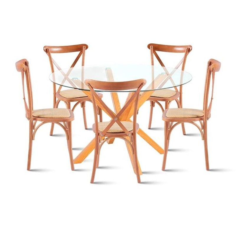 KLIK - Comedor redonda de vidrio Cross 120cm + 5 Sillas Crossback Madera KLIK