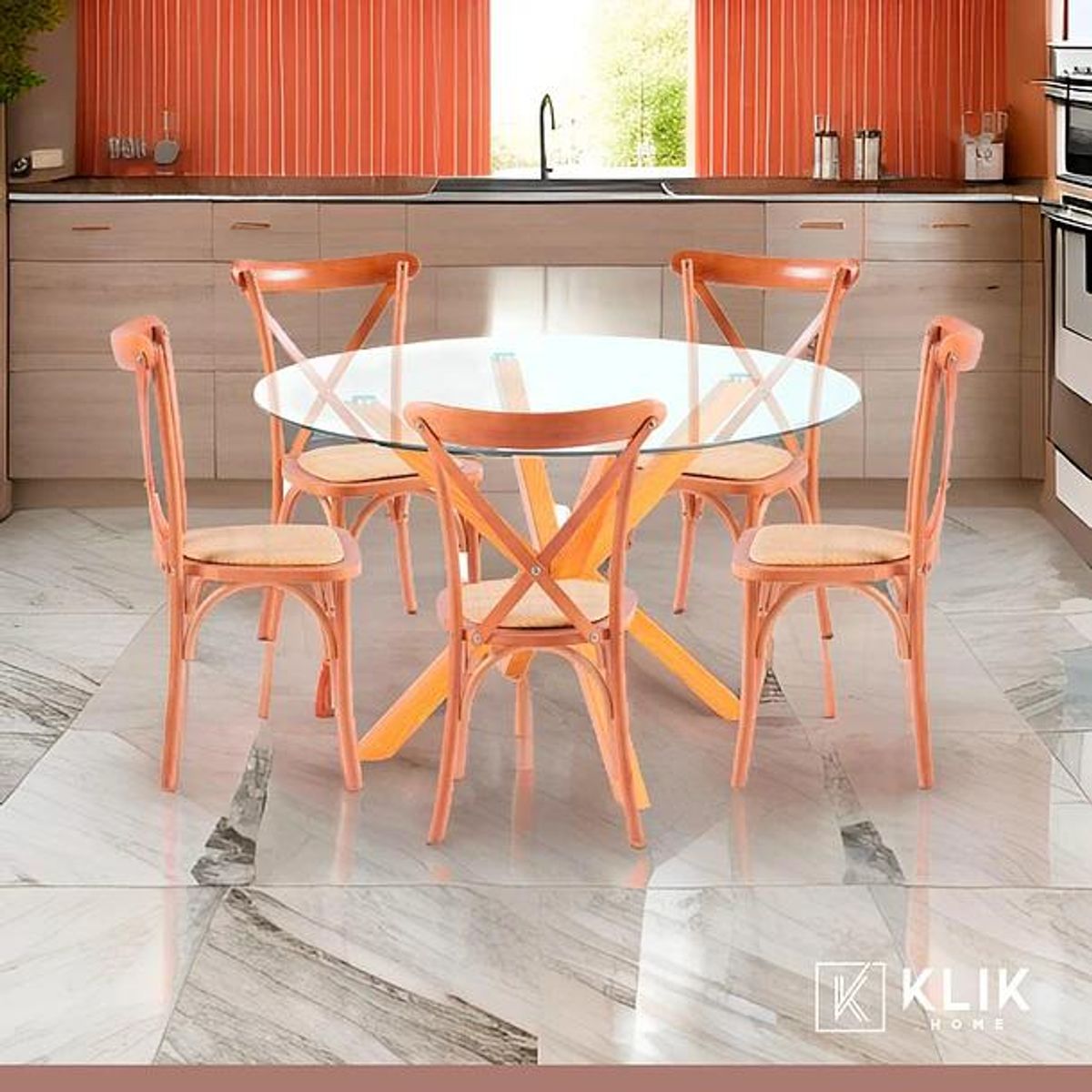 KLIK - Comedor redonda de vidrio Cross 120cm + 5 Sillas Crossback Madera KLIK
