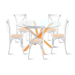KLIK - Comedor redonda vidrio Cross 120cm + 5 Silla Crossback Madera Blanca