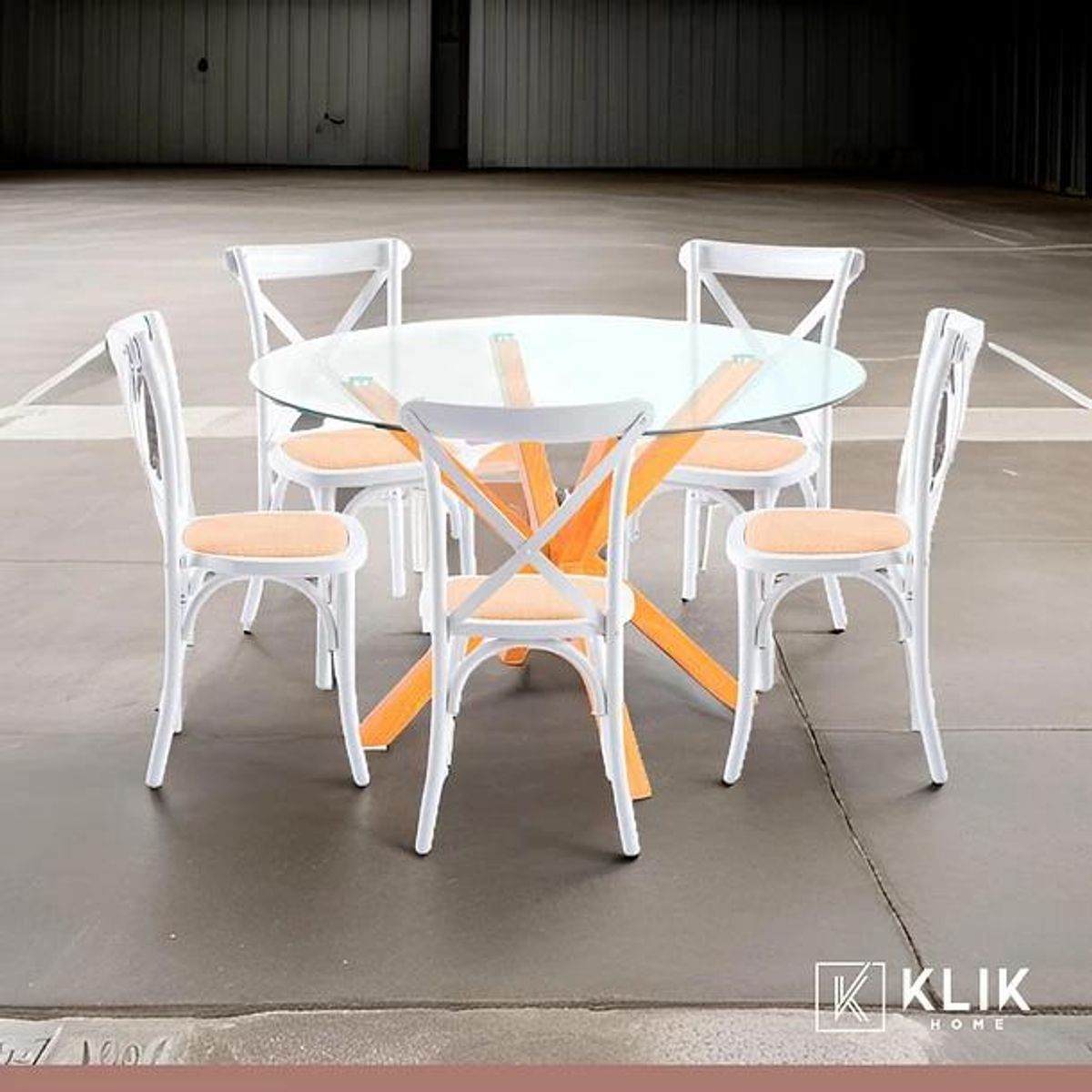 KLIK - Comedor redonda vidrio Cross 120cm + 5 Silla Crossback Madera Blanca