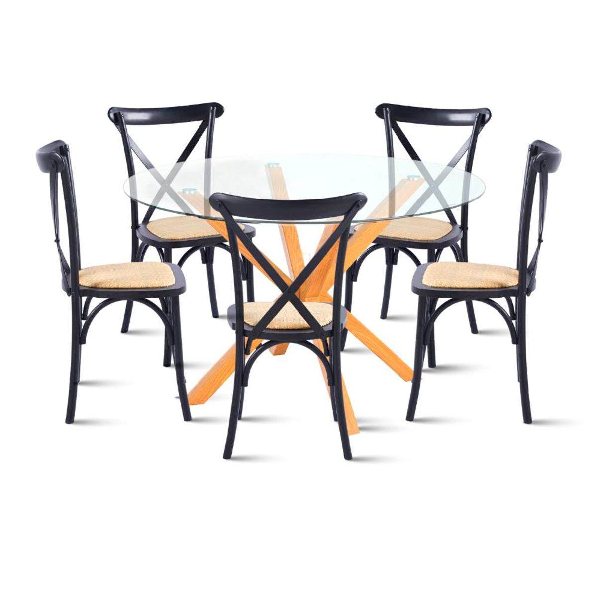 KLIK - Comedor redonda de vidrio Cross 120cm + 5 Silla Crossback Madera Negra KLIK
