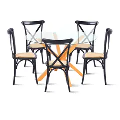 KLIK - Comedor redonda de vidrio Cross 120cm + 5 Silla Crossback Madera Negra
