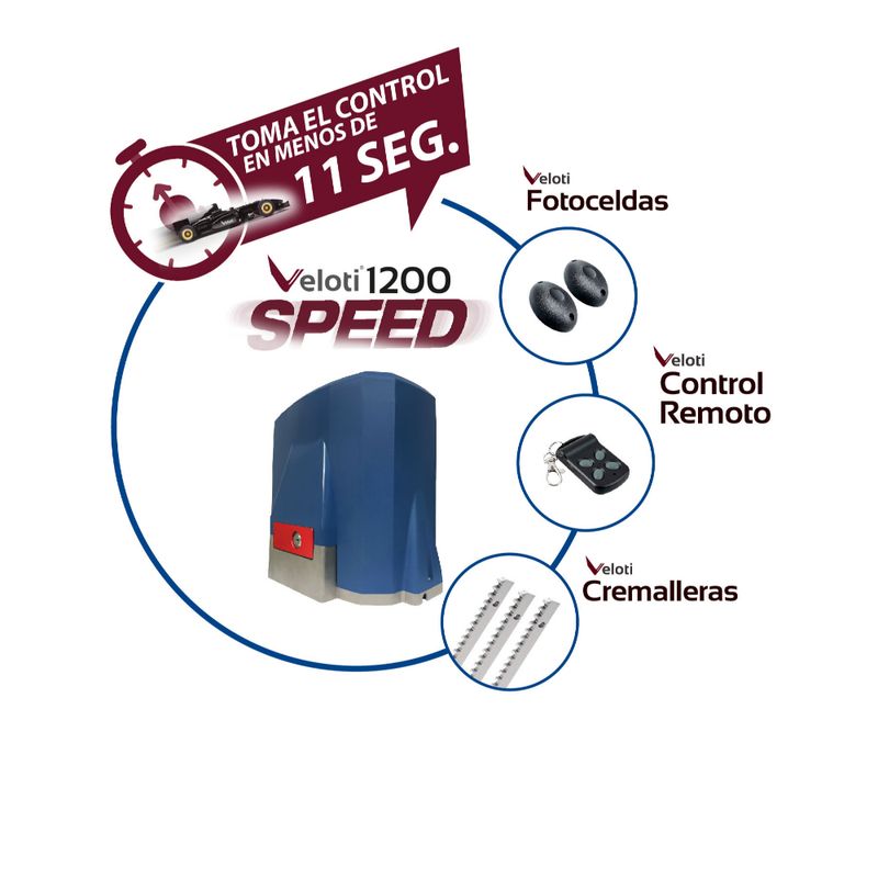 VELOTI - KIT MOTOR VELOTI SPEED 1200 PARA PORTON  + CREMALLERAS + 2 CONTROLES + FOTOCELDA