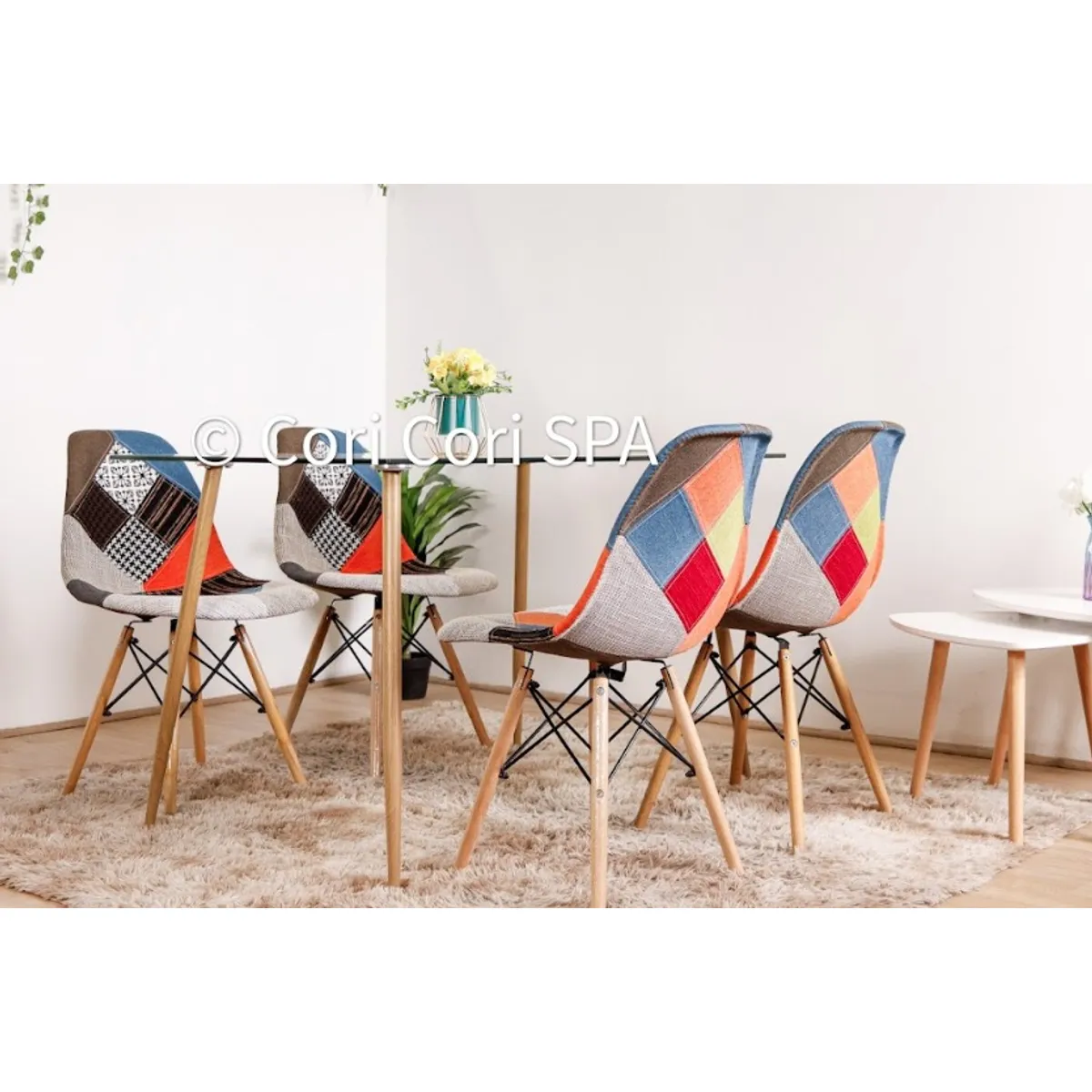 CORI CORI - Juego de Comedor Vidrio 120x 80 cm + 4 Sillas Patchwork Naranjete…
