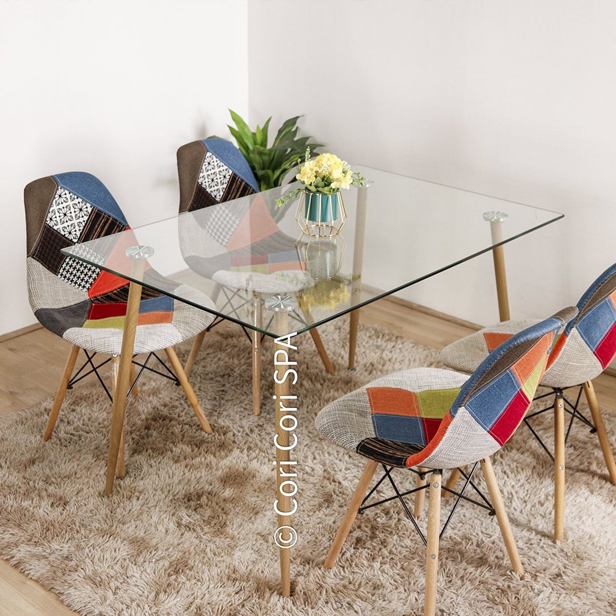 CORI CORI - Juego de Comedor Vidrio 120x 80 cm + 4 Sillas Patchwork Naranjete…
