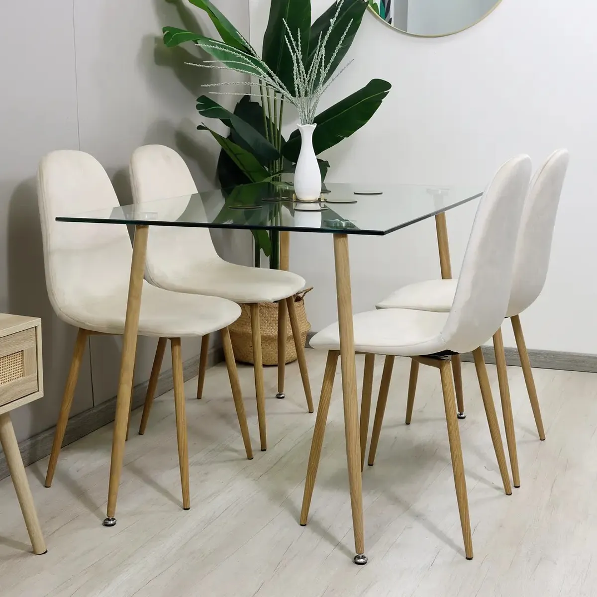 CORI CORI - Juego de Comedor Vidrio 120x 80 cm + 4 Sillas Scoop Lino Beige