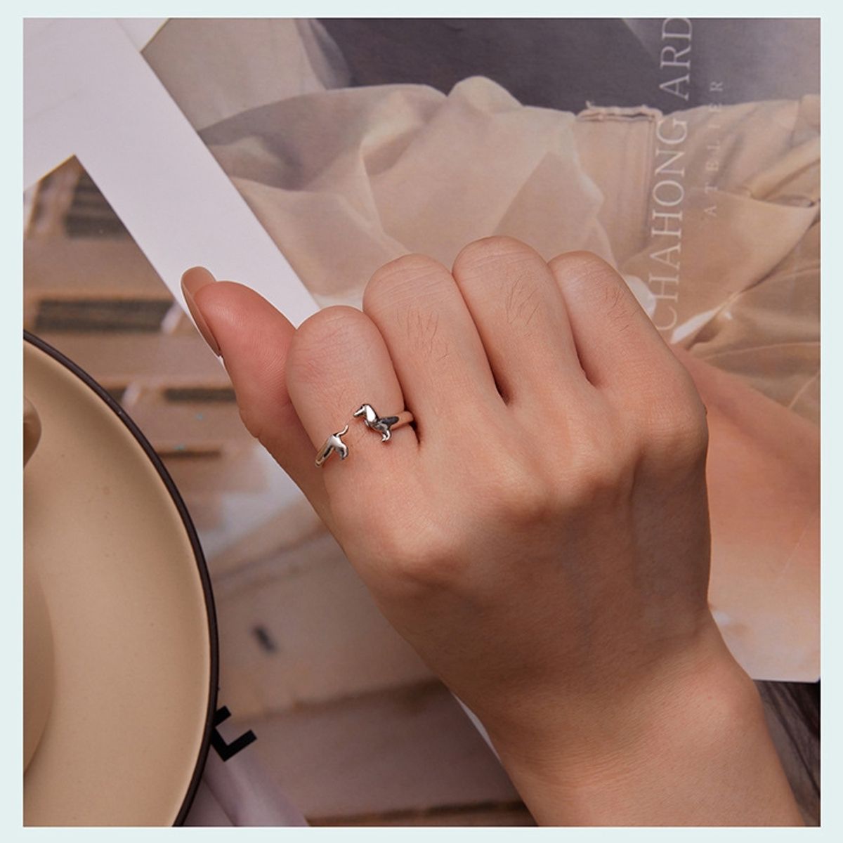 ZG JOYAS - Anillo Perro Salchicha Dachshund Ajustable Plata 925 Mujer